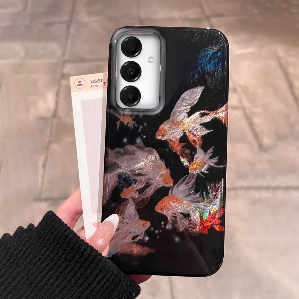 Funda de teléfono Koi Goldfish Sparkle negra brillante para Samsung Galaxy A55 A56 A36 A26 A16 A53 A06 A14 A24 A34 A54 A15 A25 A35 - imagen 2