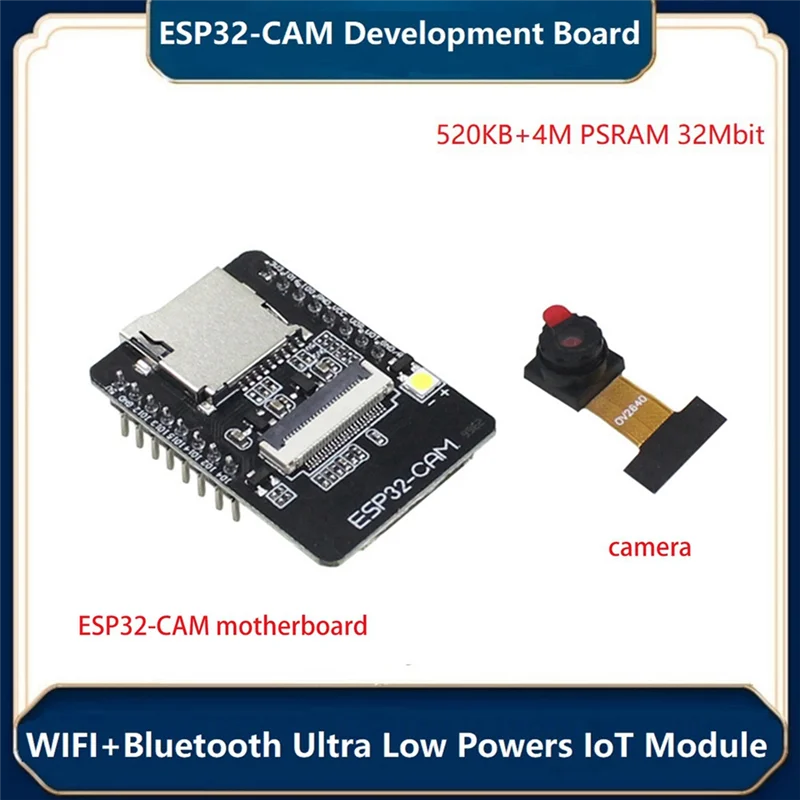Placa de desarrollo de ESP32-CAM + conjunto de módulo de cámara OV2640 520KB + 4M PSRAM 32Mbit WIFI + módulo Iot Bluetooth 5V