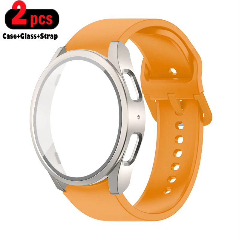 Paquete de 2 unidades de vidrio templado + funda + correa para Samsung Galaxy Watch 7 6 5 4 40mm 44mm cubierta protectora de pantalla de PC Galaxy Watch 6 7 5 Band