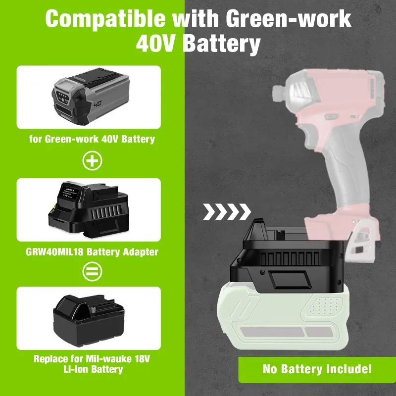 Para baterías Greenworks de 40V, adaptador de batería GRW40DW20 GRW40MIL18, conversión a herramienta eléctrica inalámbrica Dewalt/Milwaukee 18/20V - imagen 2