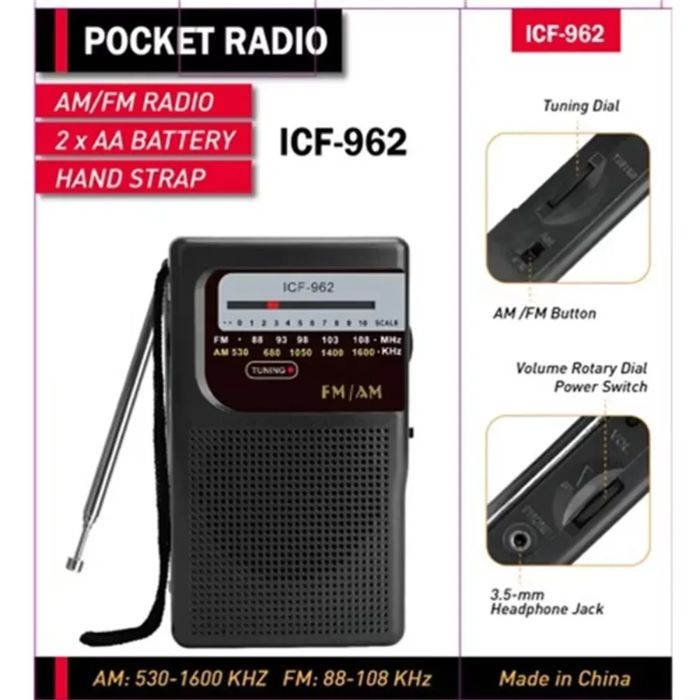ICF-962 Radios de bolsillo portátiles AM FM 3,5 mm AUX Mini Walkman 2 pilas AA Radio estéreo al aire libre para caminar senderismo Camping - imagen 2