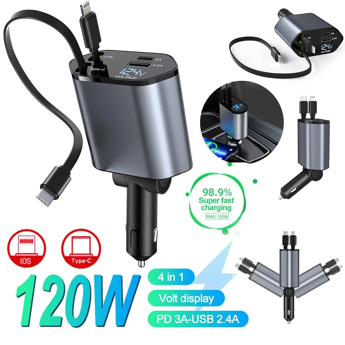 Cargador de coche retráctil de 120W 4 en 1 USB C adaptador de cargador de encendedor de cigarrillos de coche de carga rápida para iPhone Xiaomi Huawei Samsung - imagen 2