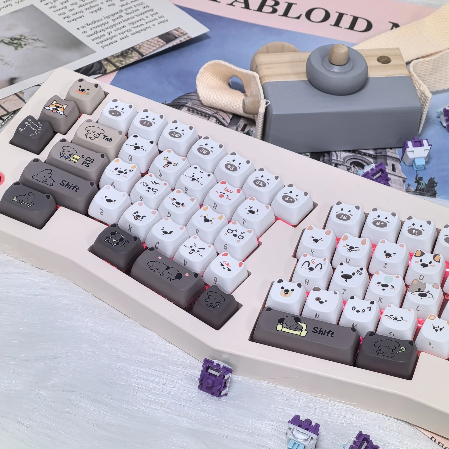 Teclas del equipo de cachorros lindos, perfil MAO, diseño único de cabeza de perro, letras grabadas laterales, juego de teclas PBT para teclado mecánico DIY - imagen 3