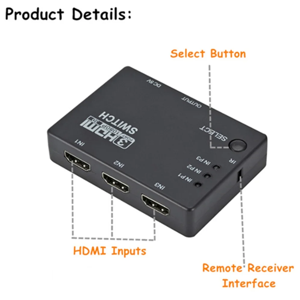 Conmutador HDMI GRWIBEOU 3 en 1 salida 3 puertos divisor HDMI caja de interruptor Hub 1080p HD 1,4 con control remoto para proyector de DVD HDTV XBOX360 - imagen 4