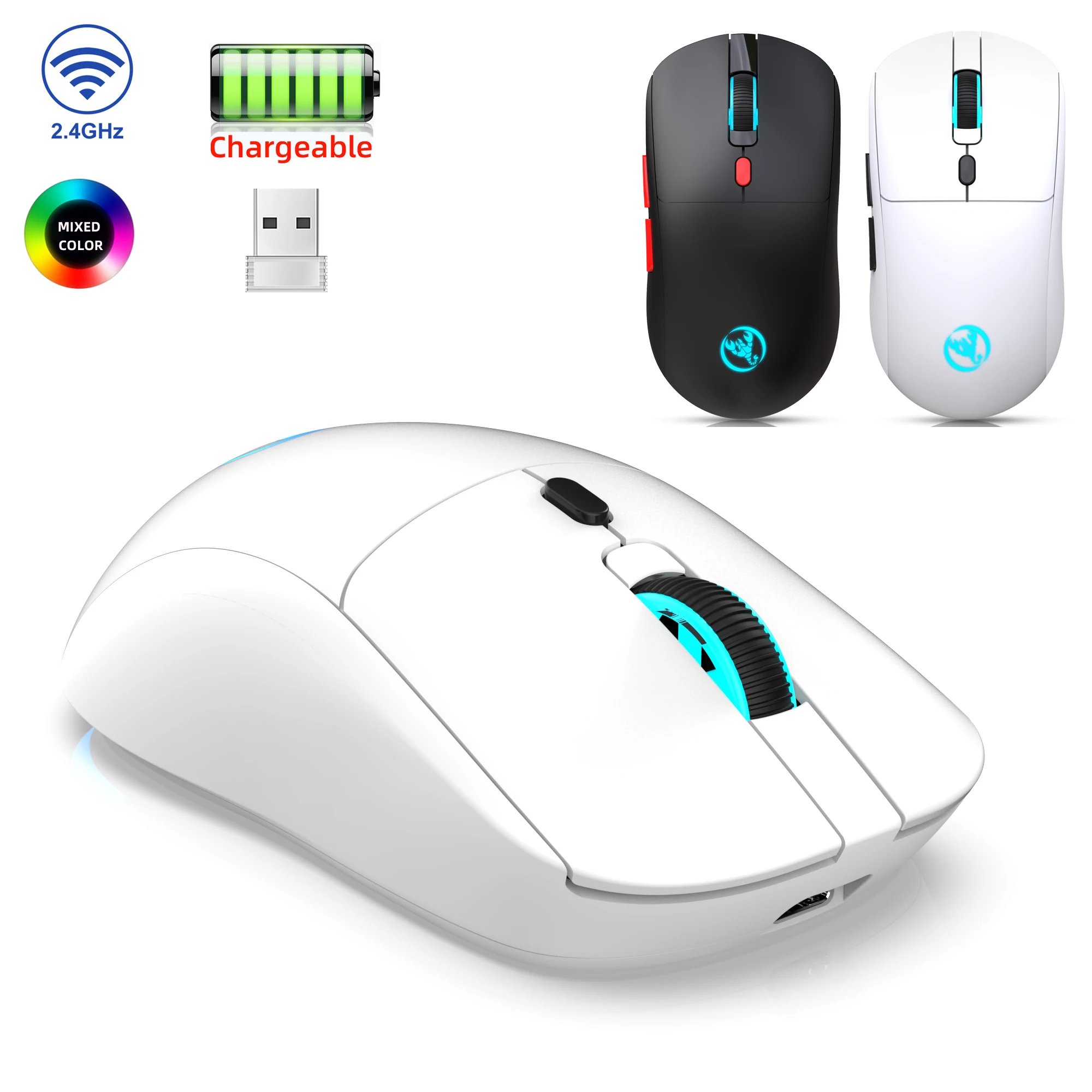 Ratón inalámbrico recargable por USB, Mouse ajustable de 2,4G, 3600dpi, 7 colores RGB, cómodo, para el hogar, oficina, ordenador portátil, Gamer - imagen 2