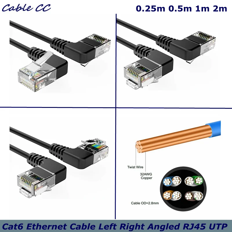 Cable Ethernet Cat6 ultradelgado RJ45 en ángulo izquierdo a derecho Cable de red UTP de 25cm Cable de conexión LAN Cat6a de 90 grados para enrutador de ordenador portátil