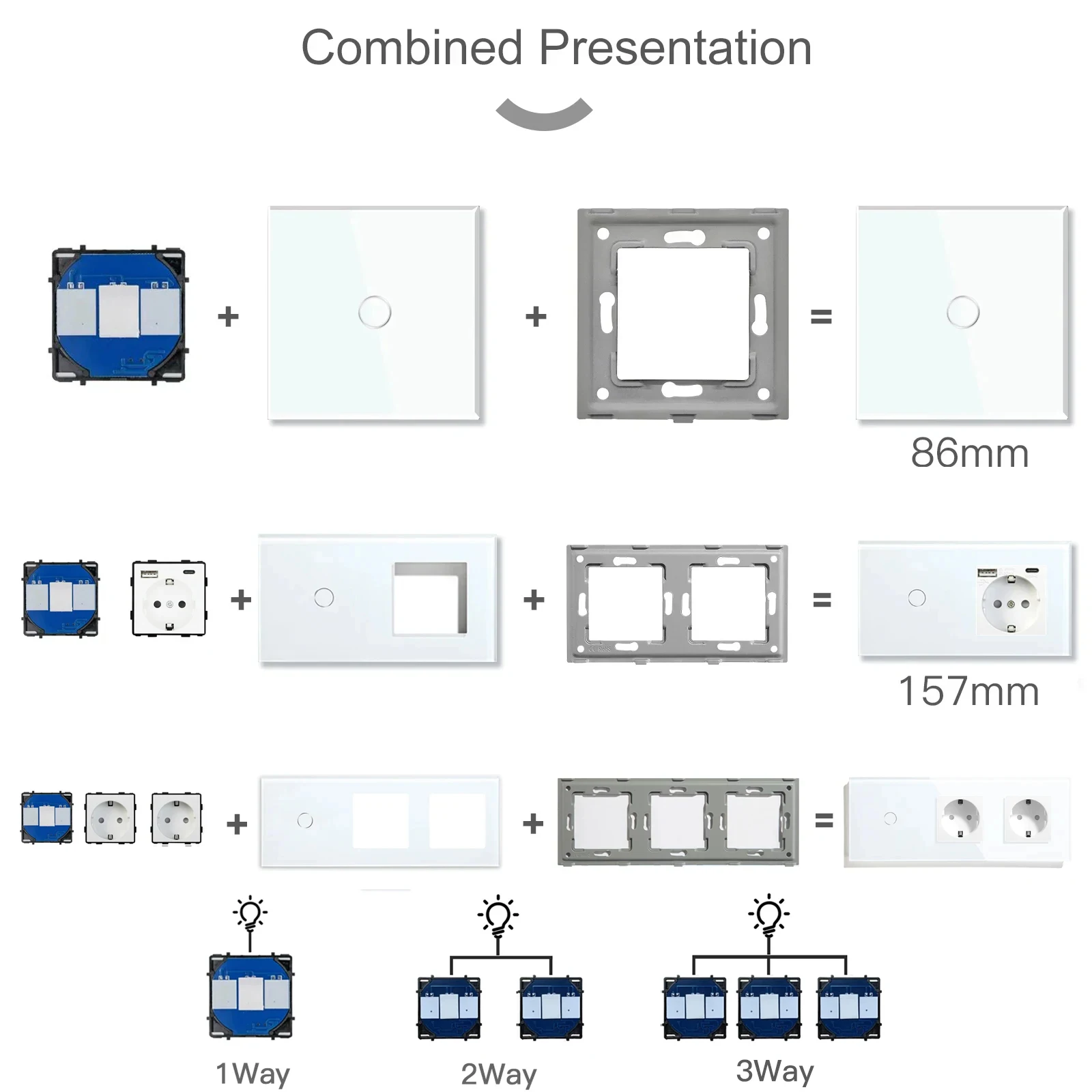 BSEED 1/2/3 interruptores de luz táctiles 1/2/3 piezas de función de vía enchufe de pared de la UE enchufe USB tipo c Panel de vidrio pieza de bricolaje combinación libre - imagen 3