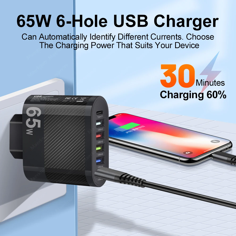 Cargador USB Total de 65W, multipuertos de carga rápida PD tipo C, adaptador de cargador de teléfono para iPhone, Xiaomi, Samsung, cargador rápido de 6 puertos - imagen 2