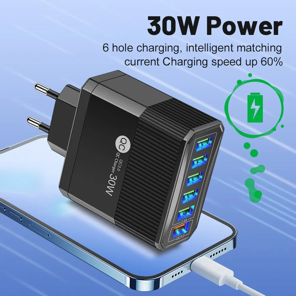 Cargador USB de carga rápida para teléfono, adaptador de viaje QC3.0 de 30W, 6 puertos, para iPhone, Xiaomi, Samsung, enchufe EU/KR - imagen 5