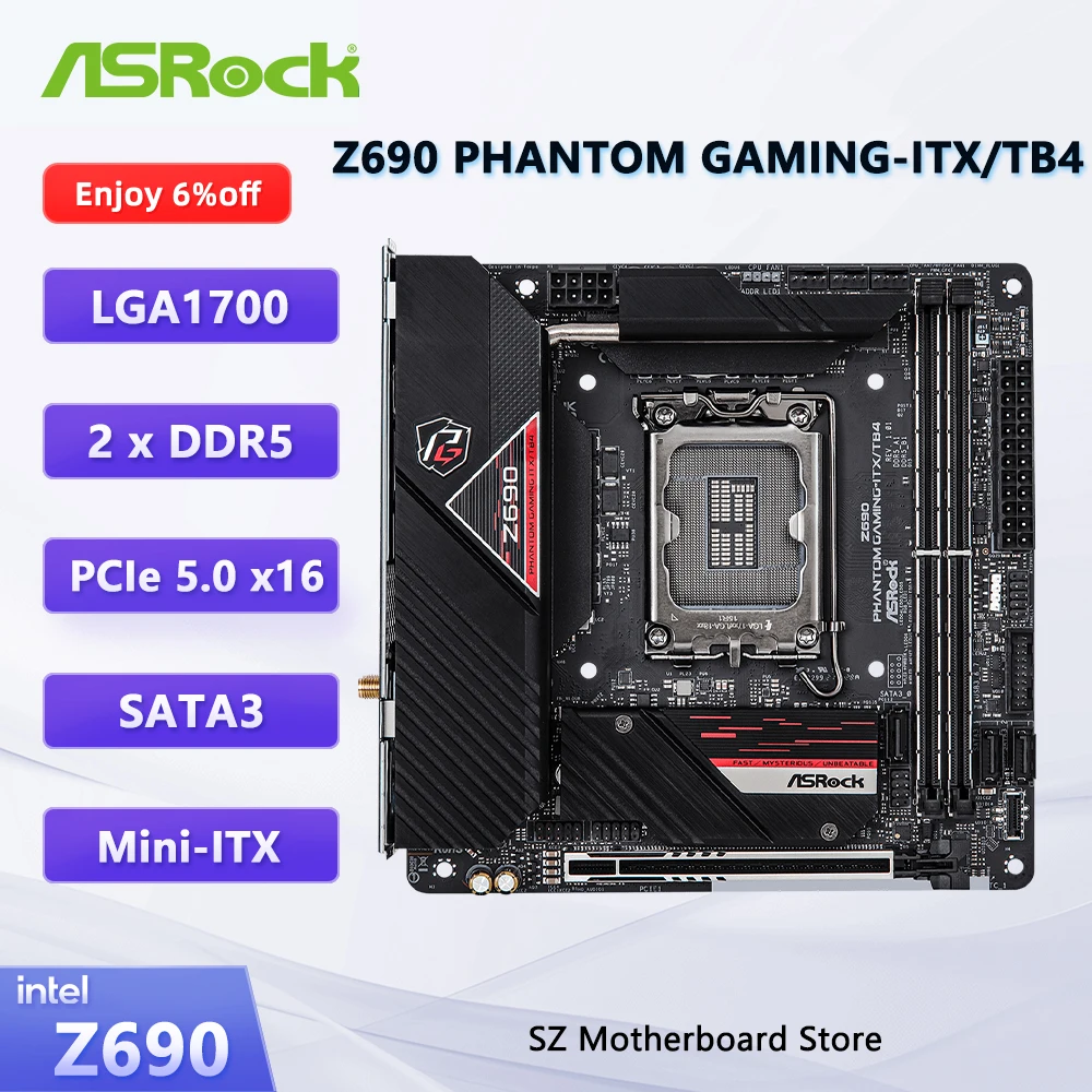 Placa base ASROCK Z690 DDR5 Z690 PHANTOM GAMING-ITX/TB4 para Intel Core i9-12900K i5-12600K i9-13900K PCIe 5,0x16 M.2 Mini-ITX