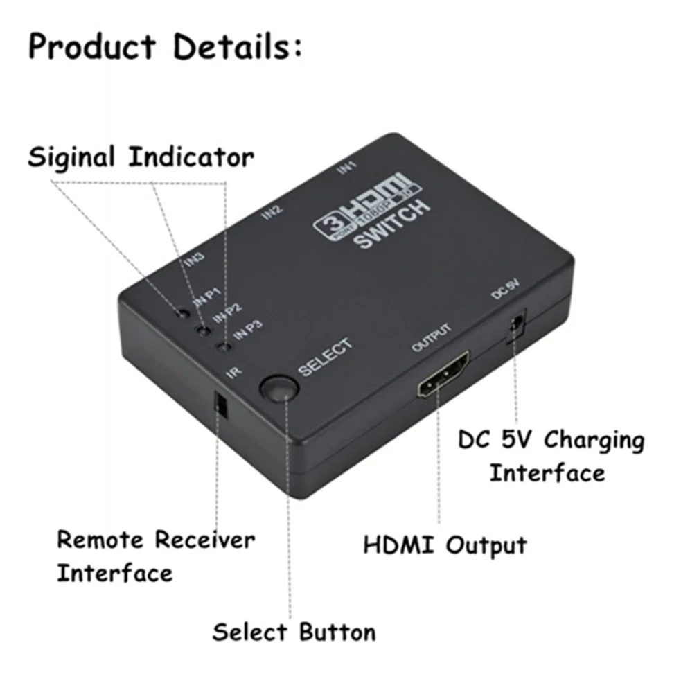 Conmutador HDMI GRWIBEOU 3 en 1 salida 3 puertos divisor HDMI caja de interruptor Hub 1080p HD 1,4 con control remoto para proyector de DVD HDTV XBOX360 - imagen 3