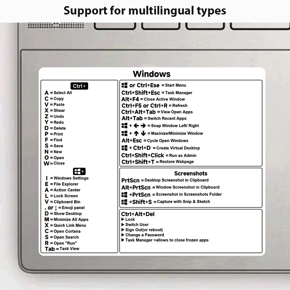 Etiqueta engomada de la tecla de acceso directo del ordenador portátil en español, calcomanía de vinilo resistente al agua para el teclado del sistema Windows Mac para Macbook Lenovo HP Acer Dell