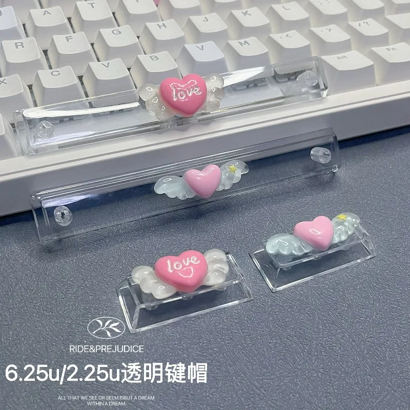Teclas personalizadas con alas de amor, teclas espaciales transparentes, entrada 6.25U 2.25U, perfil de cereza, teclas decorativas, Teclado mecánico