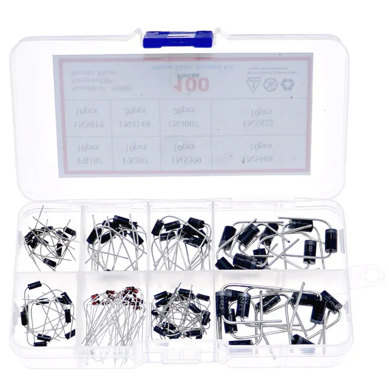 Kit de caja de diodos 100 Uds rectificador Schottky 1N4007 1N4148 1N5817 1N5408 1N5822 1N5399 FR107 FR207 juegos de paquete de diodos - imagen 2