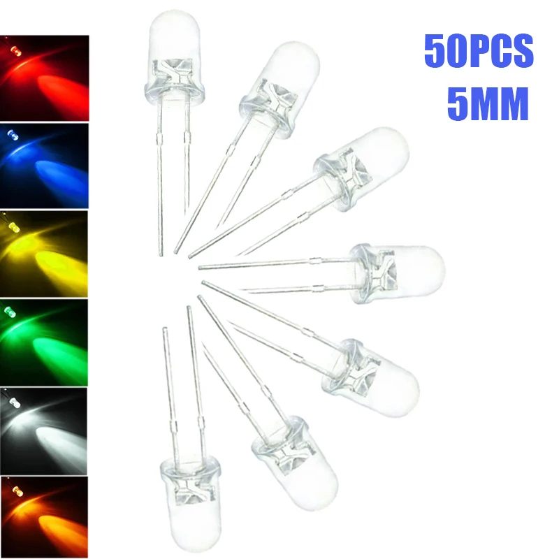 50 Uds diodo emisor de luz transparente naranja/rojo/verde/azul/amarillo/blanco F5 5mm diodos LED Kit surtido Multicolor