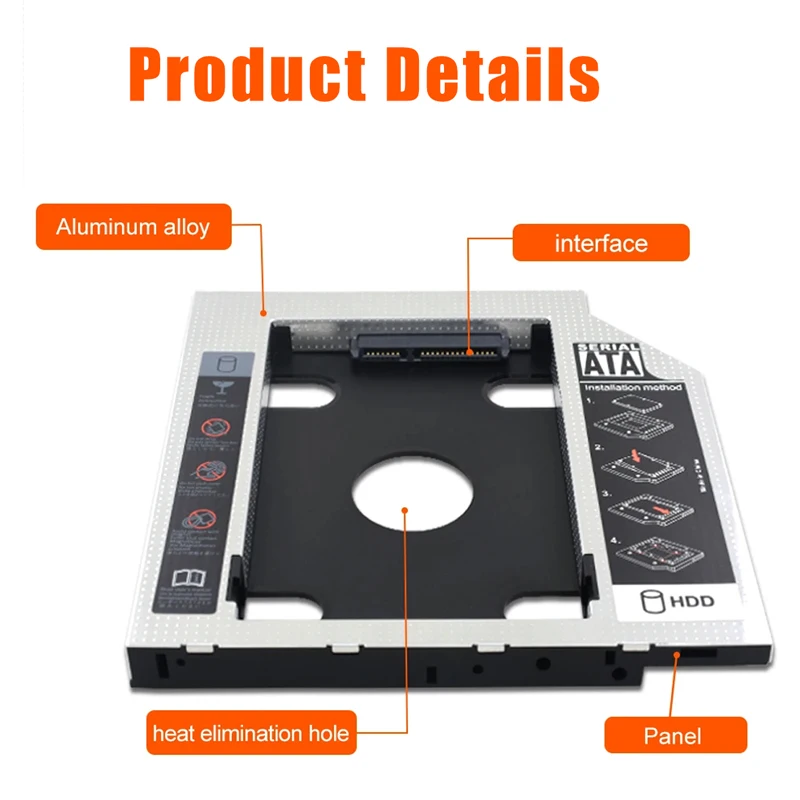 Carcasa de aluminio para disco duro de 2 segundos, adaptador para Hdd Caddy de 9,5mm, 12,7mm, Optibay SATA 3,0, 2,5 pulgadas, SSD, DVD, CD-ROM - imagen 4