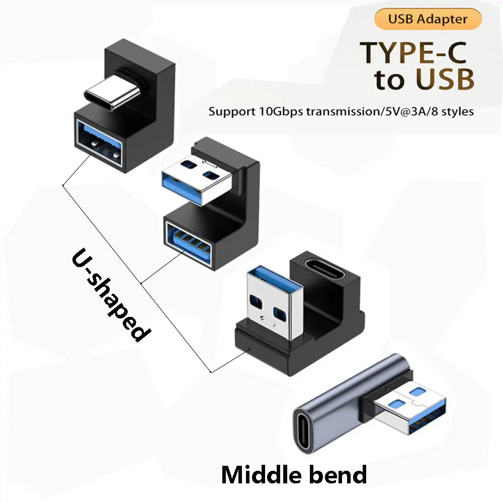 Adaptador de Cable de datos de carga USB 3,1 tipo C, convertidor para Android, codo de 90/180 grados, OTG, carga rápida, 10gbps, 1 piezas