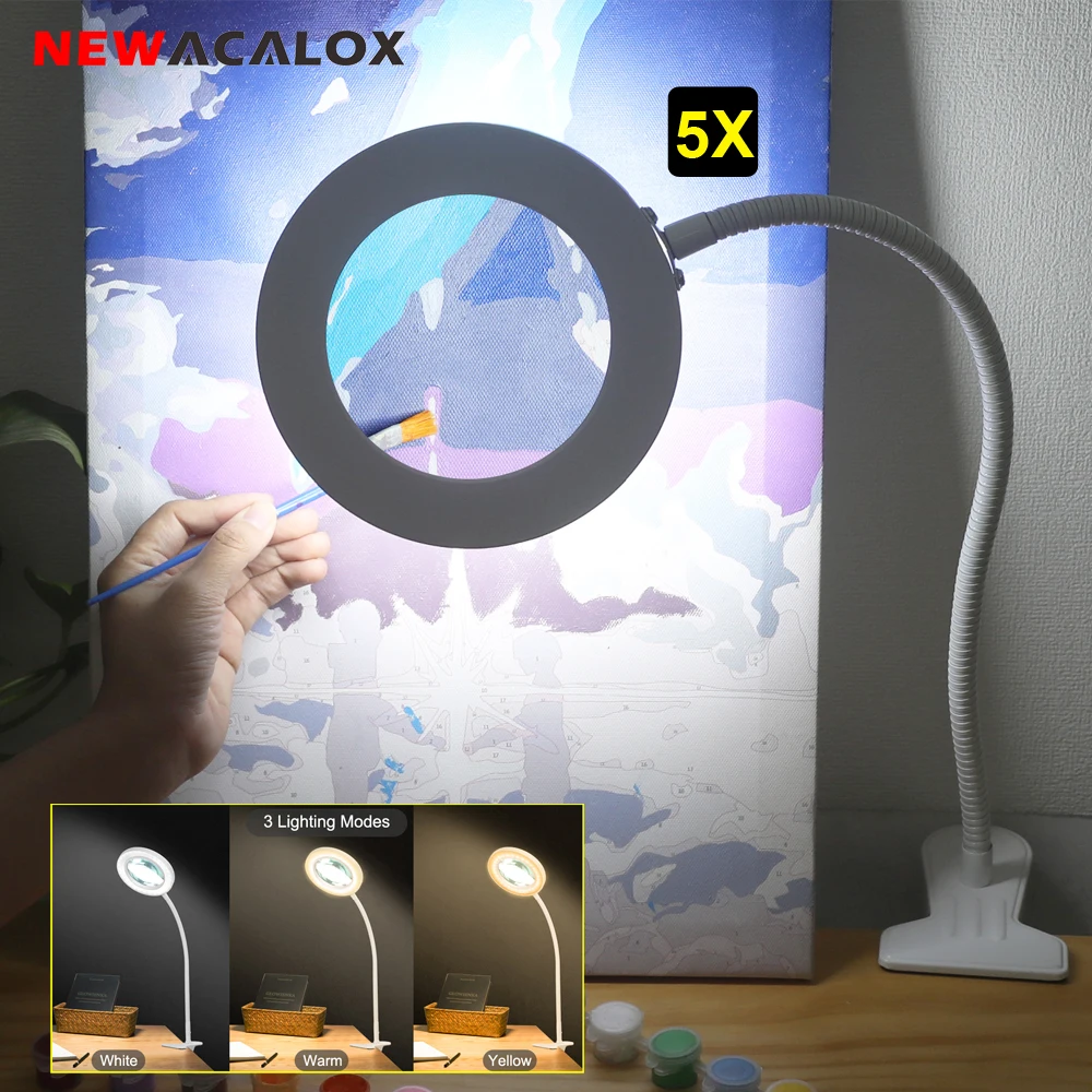 Lupa 5X con luz y abrazadera de mesa 3 modos de color Lámpara de escritorio LED regulable continua Lupa iluminada para trabajos cercanos - imagen 2