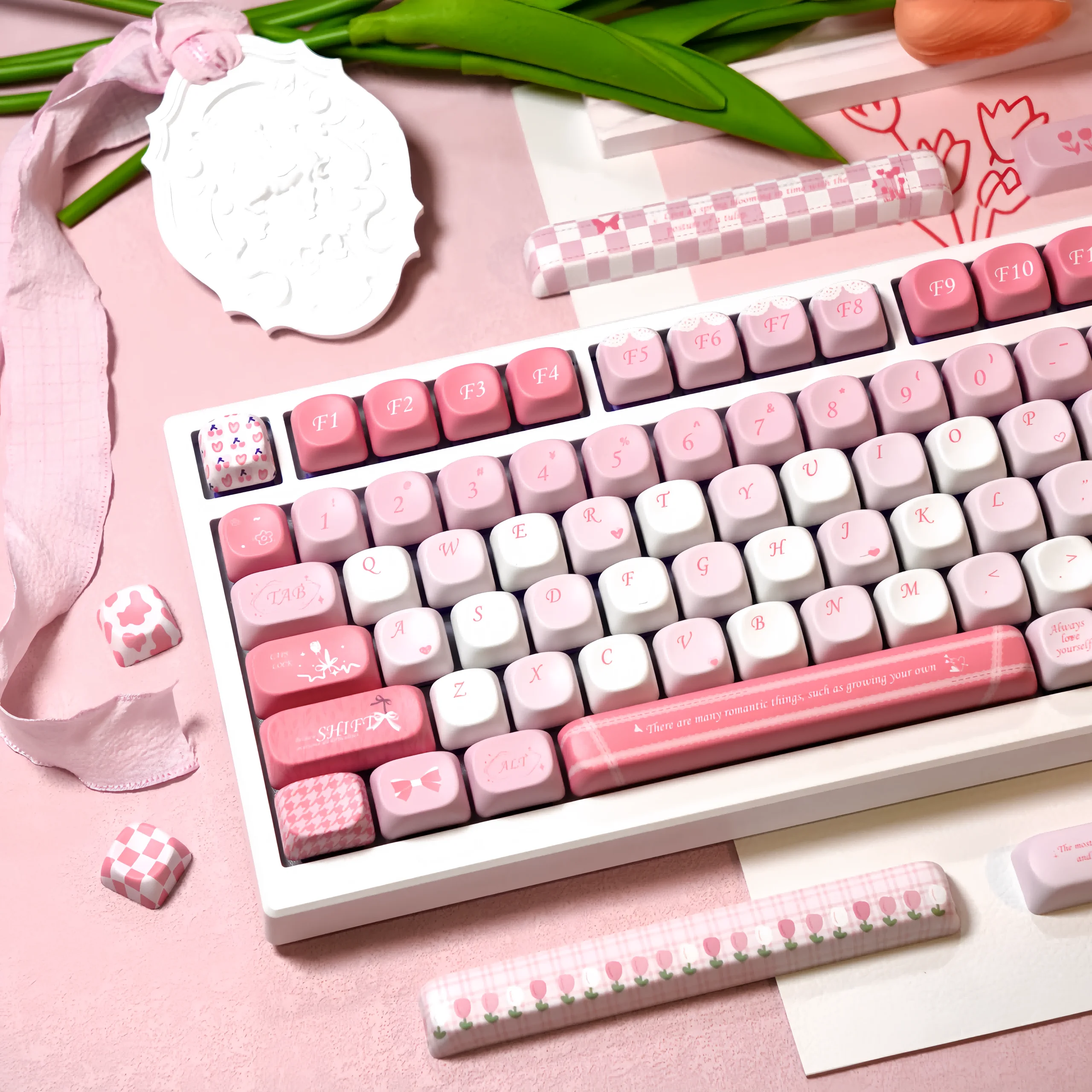 Juego de teclas de tulipán rosa, 140 teclas, perfil MOA, teclas de sublimación térmica PBT para teclado mecánico de eje transversal, tapa de tecla pequeña y fresca - imagen 5