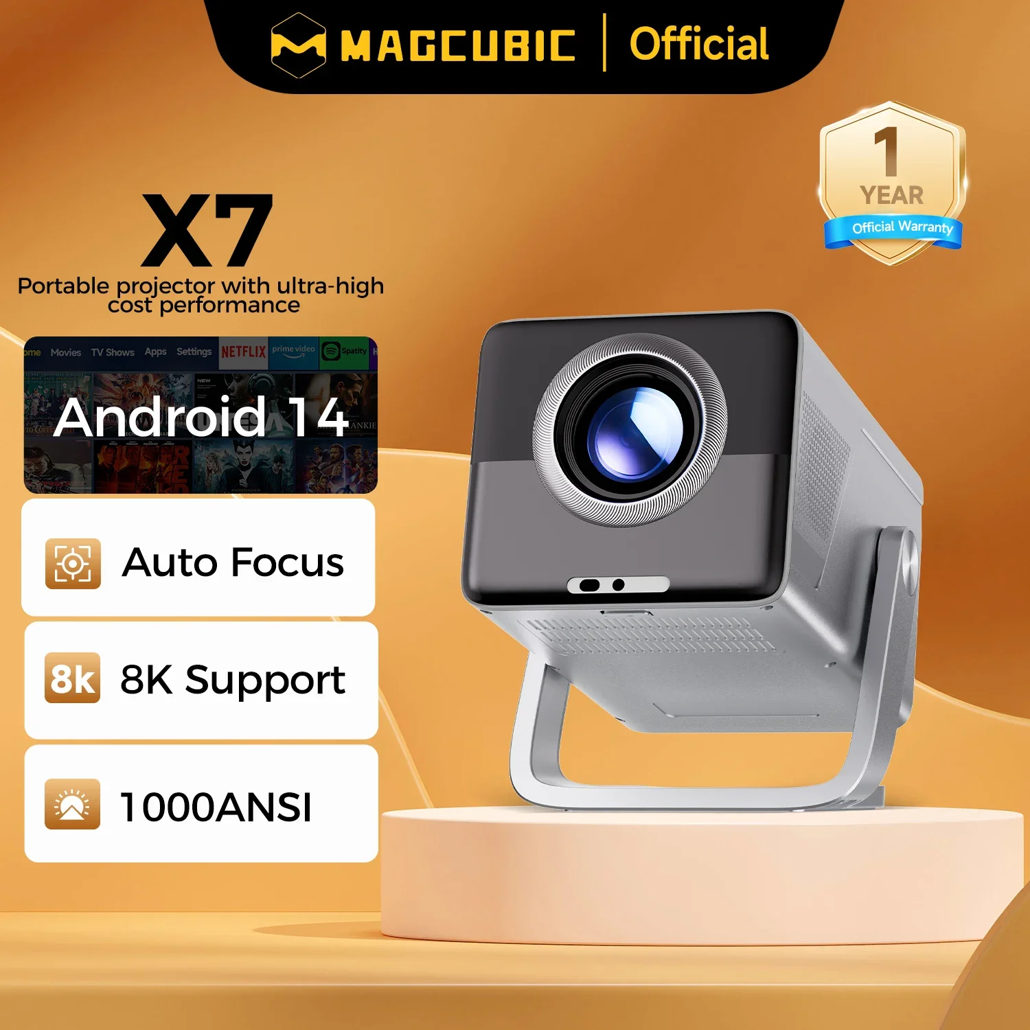 Proyector Magcubic 8K compatible con HD 1080P 1000ANSI X7 con altavoz de 5W Android 14 WiFi6 BT5.4 proyector de cine en casa de vídeo para exteriores - imagen 2