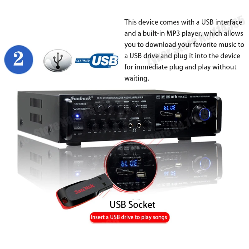 Amplificador DE SONIDO Bluetooth para el hogar y el coche, dispositivo de Audio estéreo Digital con entrada de micrófono, USB, SD, FM, AUX, 12V, 220V - imagen 3