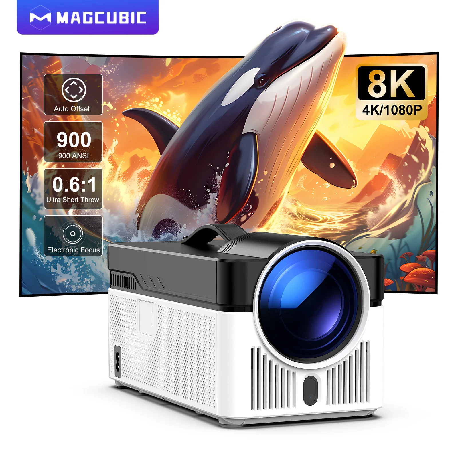 Proyector Magcubic HY450 con disparo ultracorto, compensación automática, 1080P, 8K, enfoque electrónico, 900 ANSI Air Mouse, asistente de voz H726
