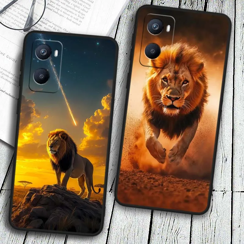 Animal con estampado de León para OPPO Reno 12 11 F 10 8 7 6 5 4 Z T Lite Plus Pro 4G 5G funda de teléfono negra - imagen 2