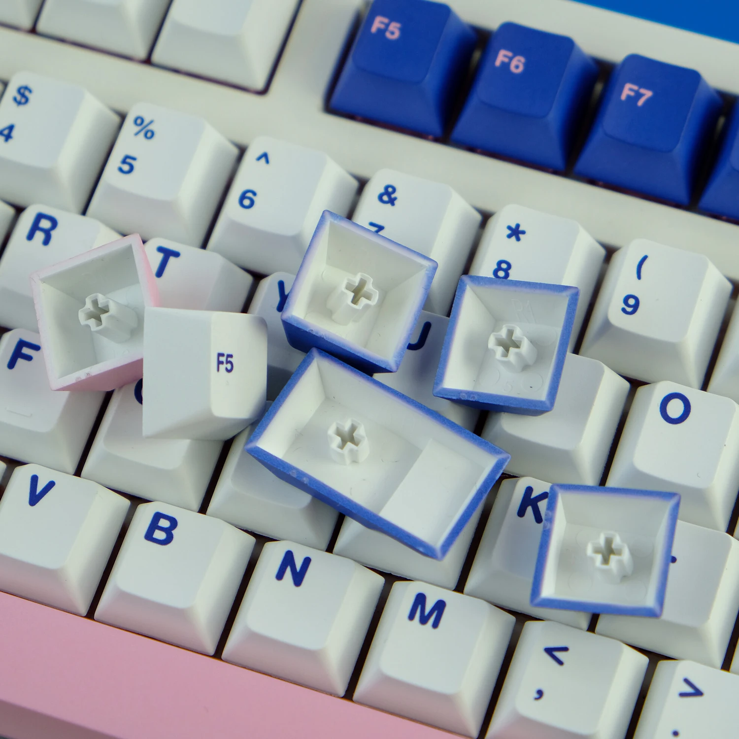 Teclas inglesas de 128 teclas, color rosa y azul, perfil de cereza, sublimación de tinte PBT, teclas clon GMK para teclado mecánico Cherry MX Switch - imagen 4