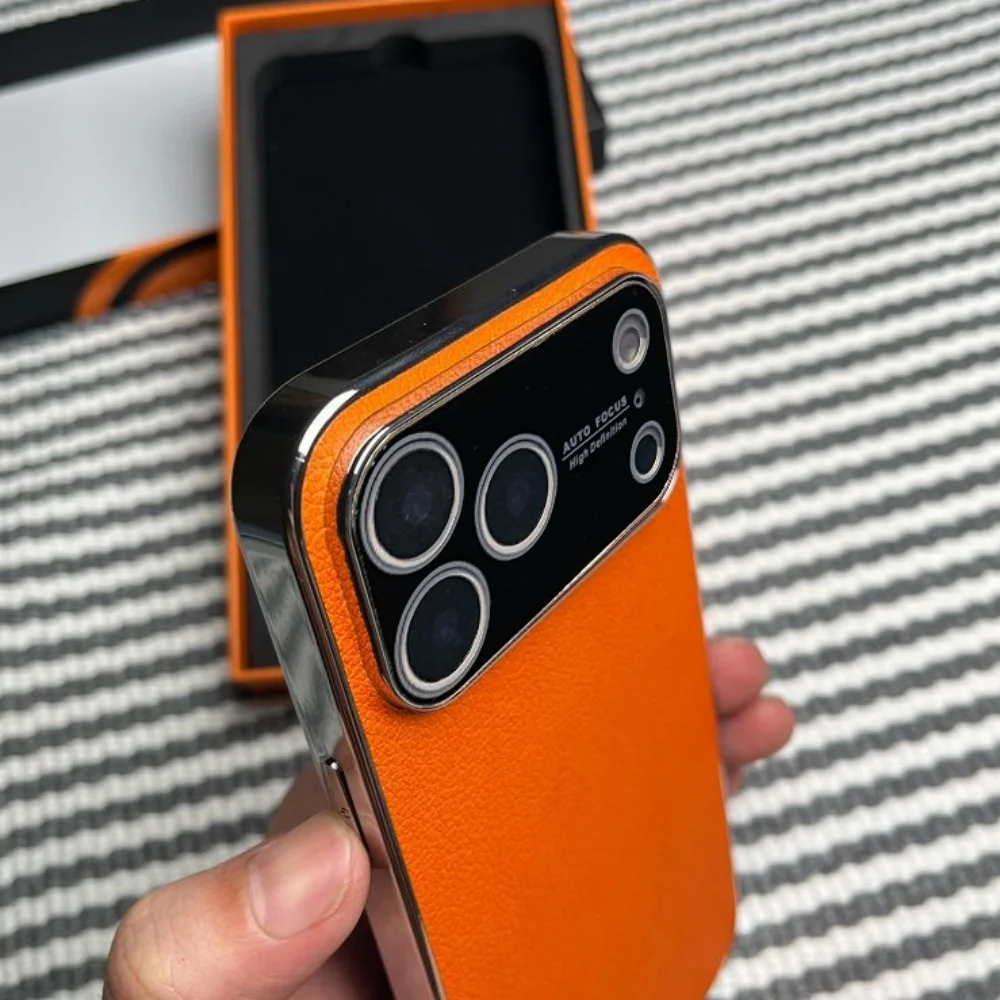 Funda con ventana grande chapada de lujo para iPhone 17 Air 16 15 14 13 12 Pro Max Plus 11, funda de teléfono con textura de cuero de parachoques Vintage