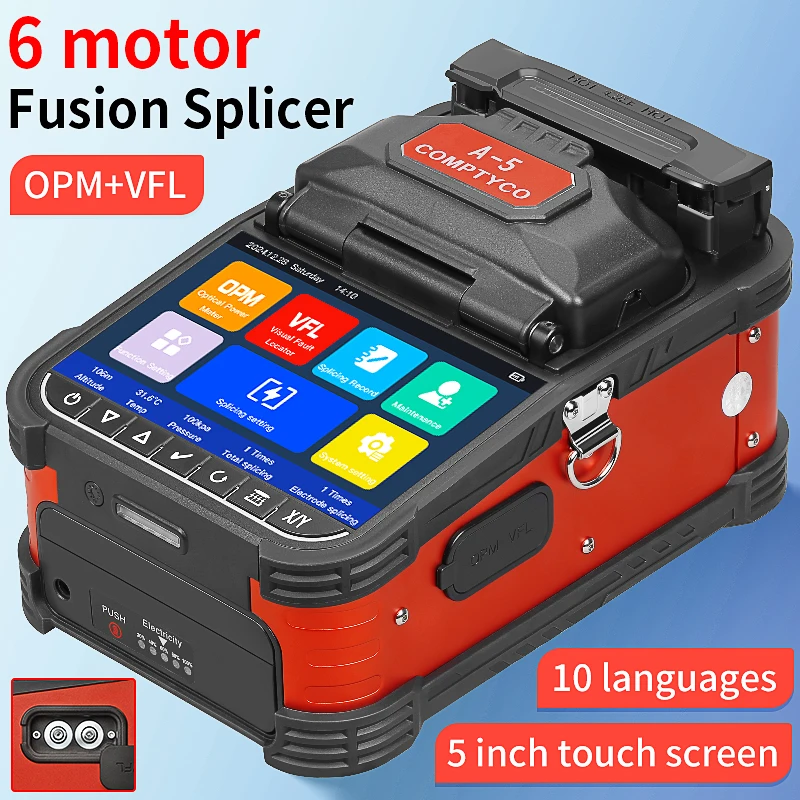 Empalmador de fusión de fibra óptica A-5/FS-60F/AUA-70F, pantalla táctil de seis motores, máquina de fusión de calor con núcleo de fibra SM MM, OPM VFL integrada