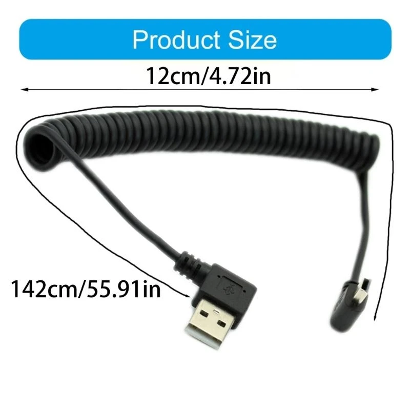 Spring Retractable MINI USB 2.0 Cable 90 Degree Right Angled USB 2.0 5 Pin Data Charging Data Sync Charger Cable 30cm - imagen 3