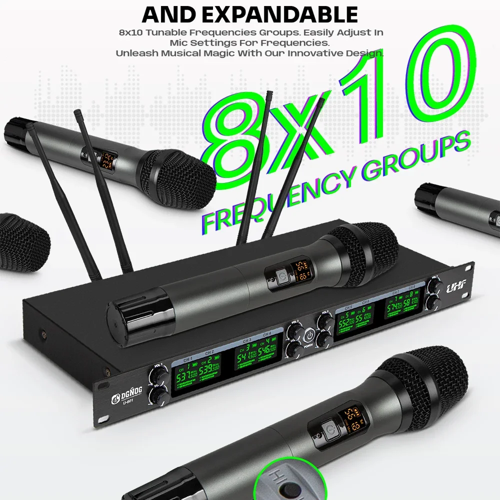 Micrófono inalámbrico UHF de 8 canales puesta en escena DGNOG U801 juego de micrófono inalámbrico profesional de mano dinámico para Karaoke de Iglesia - imagen 5