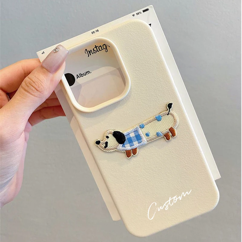 Funda de teléfono con nombre personalizado de perro bordado de dibujos animados en 3D para iPhone 16 15 14 13 11 12 Pro Max Plus X XS XR Candy DIY - imagen 4