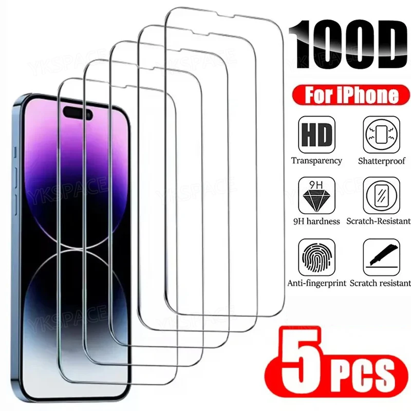 5 uds alta calidad HD transparente 9H vidrio templado para iPhone 16 15 14 Plus 13 12 mini 11 Pro X XS Max XR Protector de pantalla transparente - imagen 4
