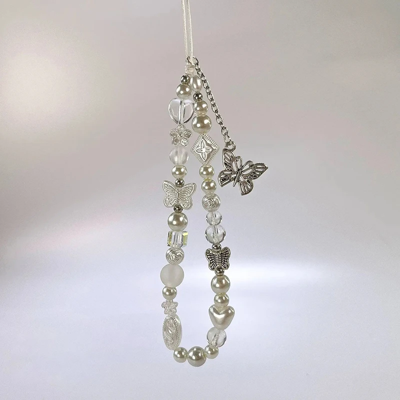 Lindo llavero de cuentas de mariposa plateada en el encanto del teléfono lindo cordón correa de teléfono móvil colgante para mujer accesorios móviles