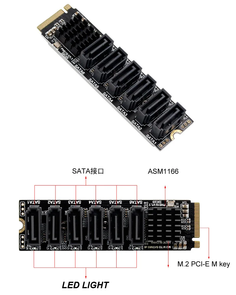 M.2 NVME PCI-E PCIE X4 X8 X16 a 6 puertos 3,0 SATA tarjeta adaptadora Riser III 6 GB/S chasis servidor expansión de PC + 6 uds 3,0 CABLE SATA - imagen 2