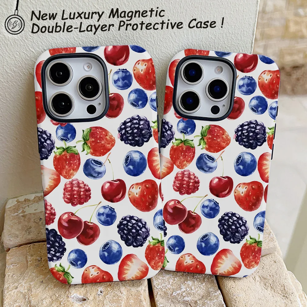 Funda de teléfono con diseño de fresa y cereza para iPhone 16, 15, 14, 13, 12, 11 Pro Max Plus, funda trasera magnética de lujo de doble capa