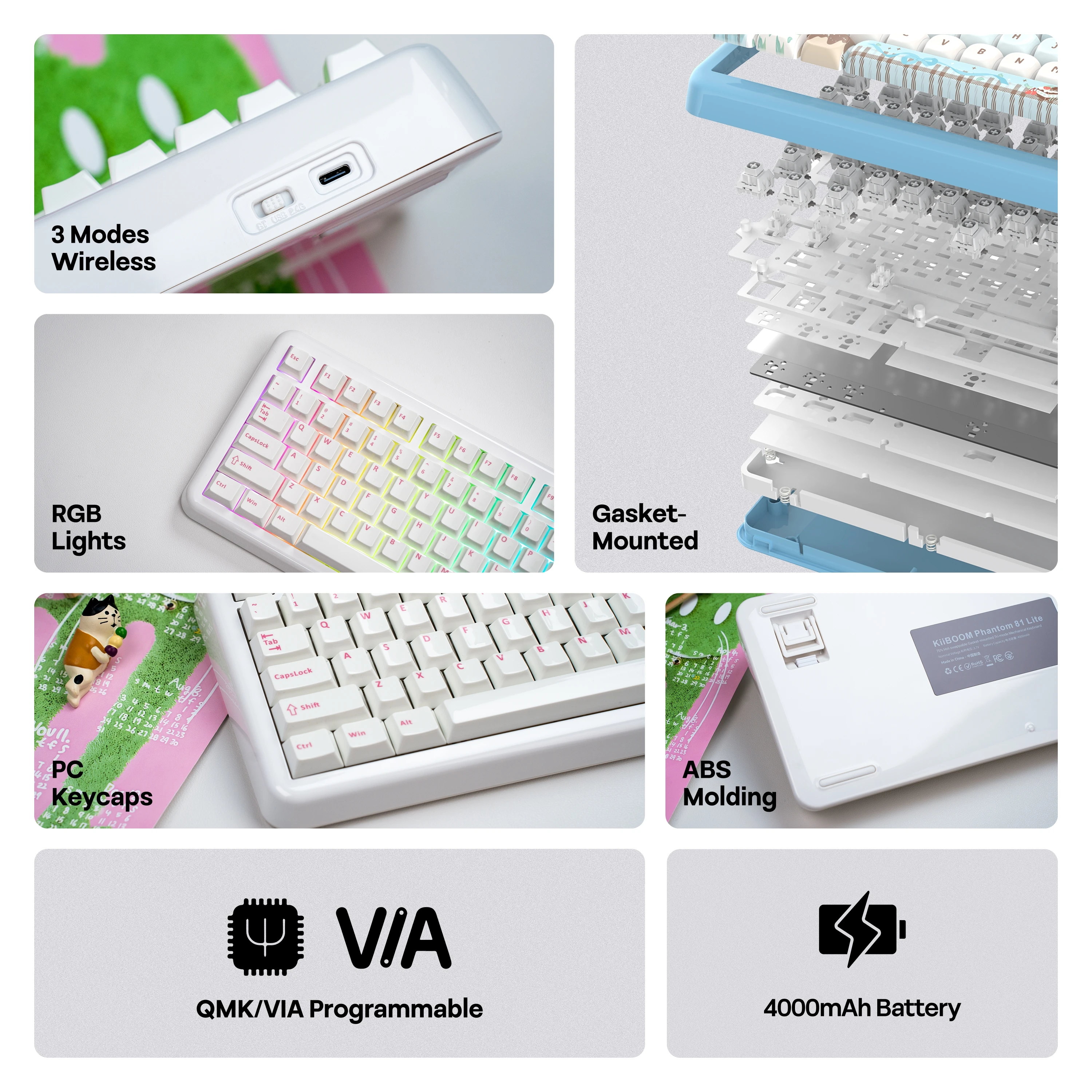 KiiBOOM Phantom81 Lite QMK/VIA 75% junta de intercambio en caliente con cable/BT/2,4 GHz teclado mecánico inalámbrico carcasa ABS + retroiluminación UV Tech RGB - imagen 5