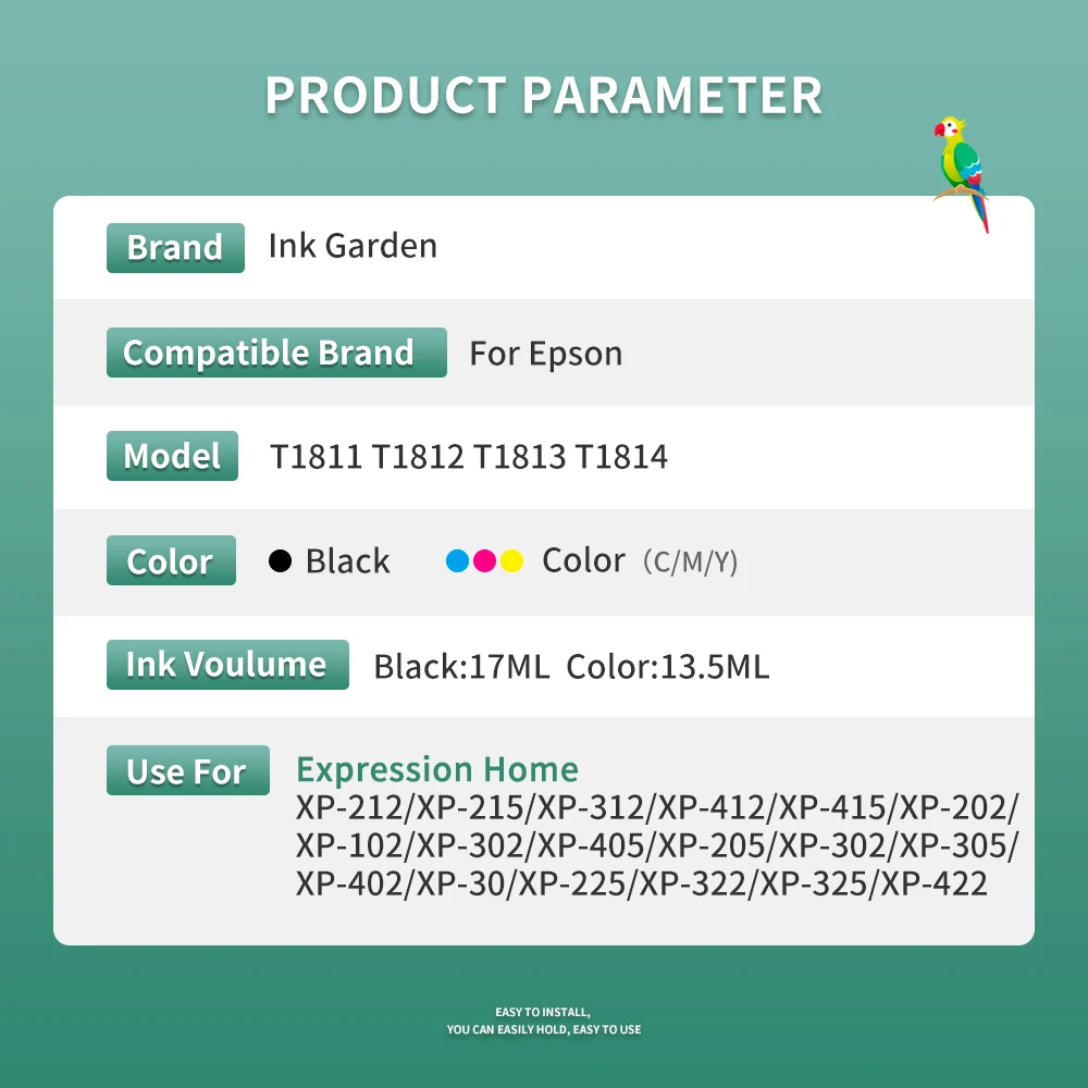 Cartucho de tinta compatible con T1811-T1814 para impresoras EPSON XP-212 XP-215 XP-312 XP-315 XP-412 XP-415 XP-225 XP-322 XP-325 tinta completa - imagen 2