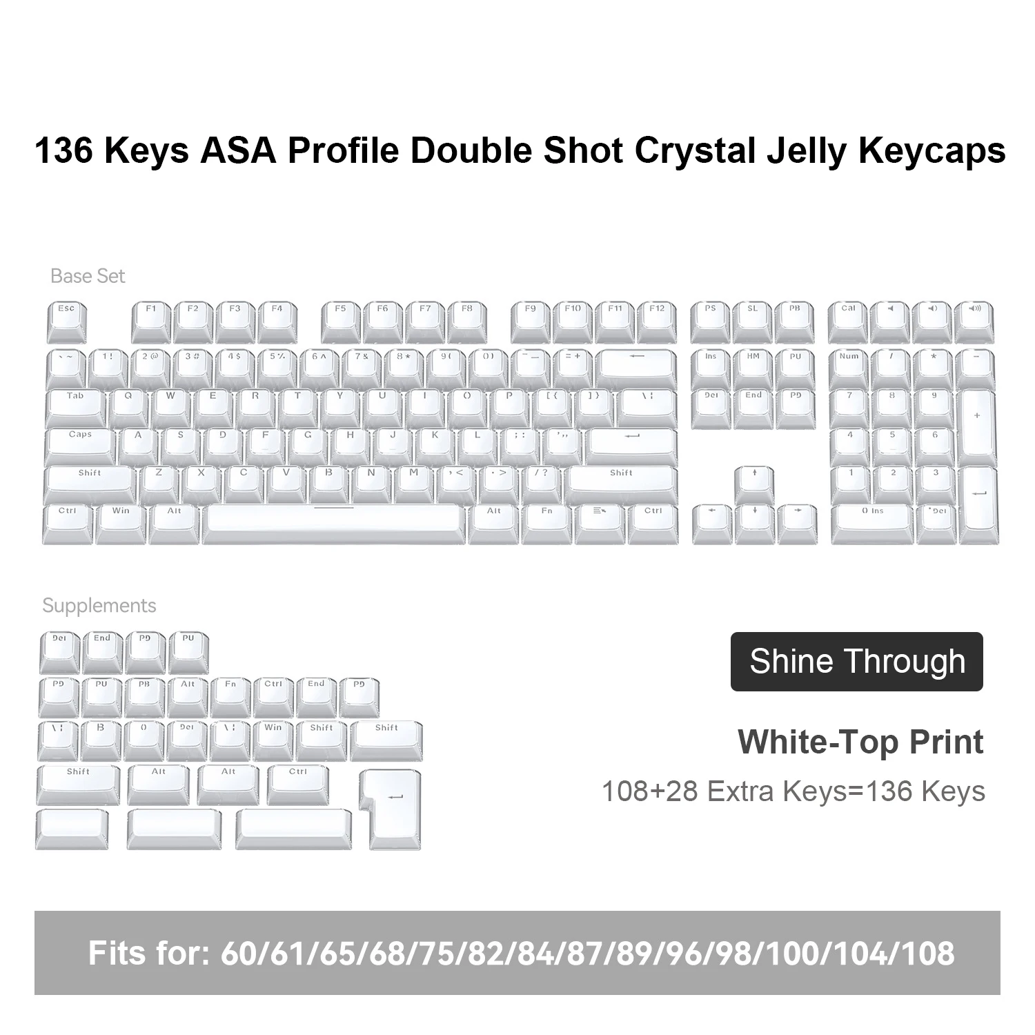 Teclas de PC de cristal de gelatina con perfil ASA blanco, 136 teclas, brillo transparente translúcido a través de teclas ABS para interruptores MX, teclado para juegos - imagen 2