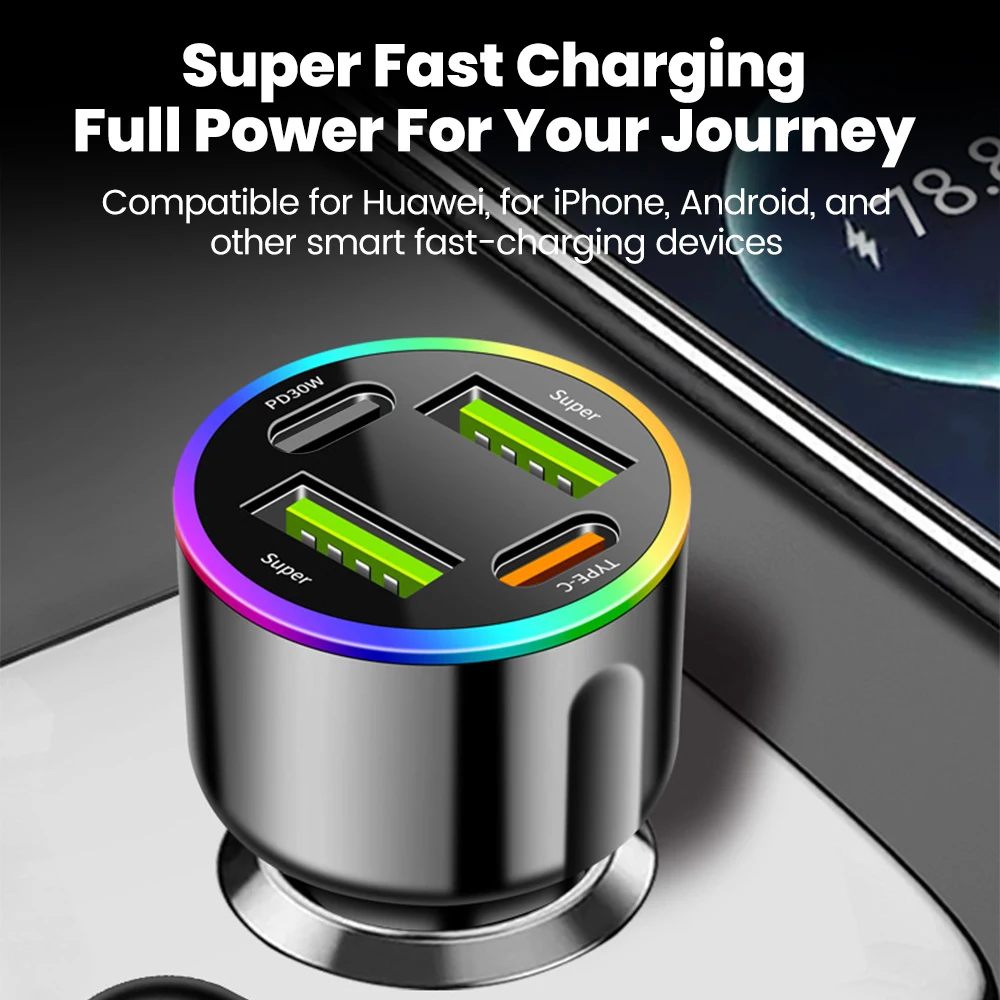 Cargador de coche de 2/3/4 puertos, carga súper rápida, 60W, USB tipo C, cargador de teléfono para coche para iPhone, Samsung, Huawei, Xiaomi, luz nocturna de Color - imagen 3