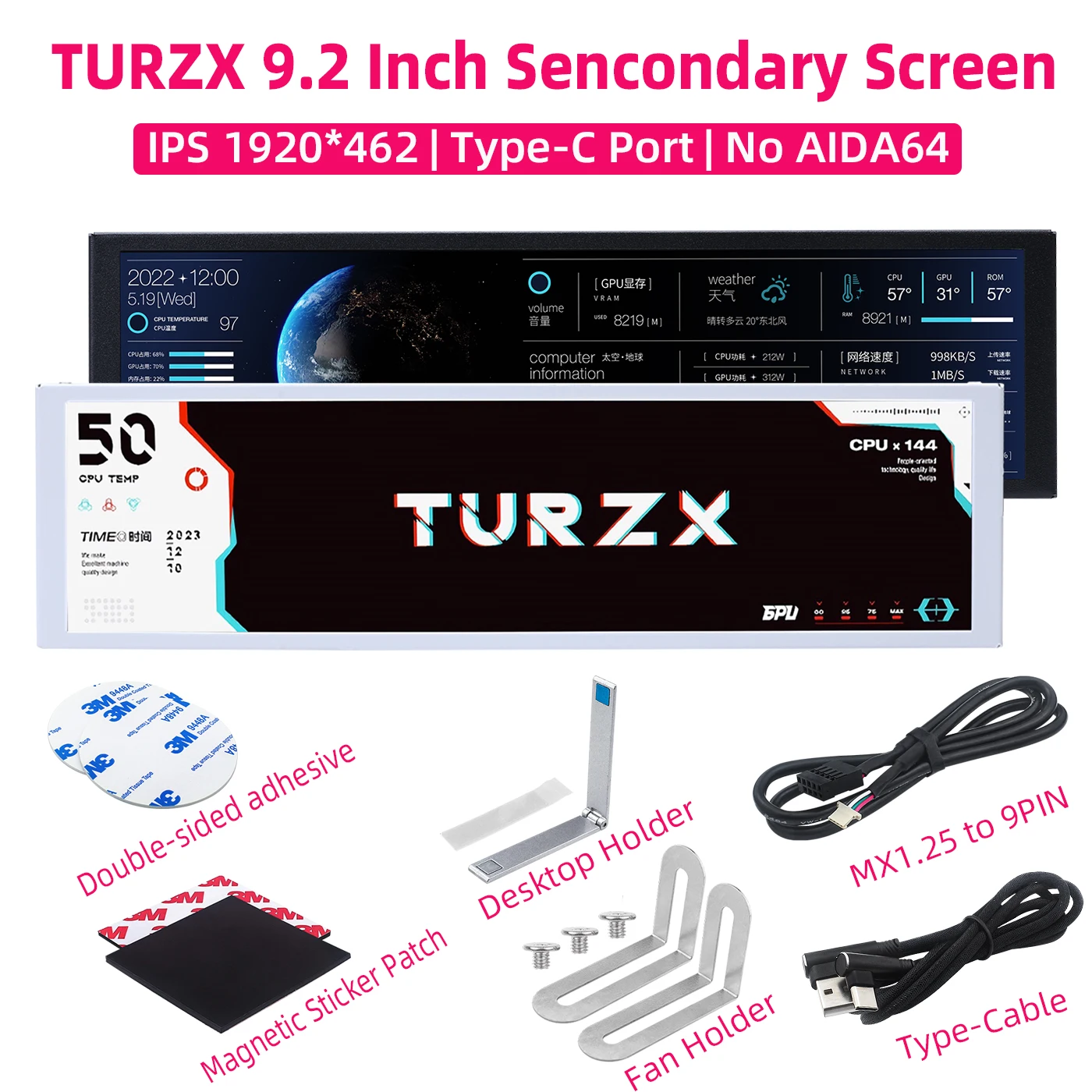 TURZX pantalla secundaria USB de 9,2 pulgadas para chasis 1920*462 una interfaz tipo C parámetros de Hardware de PC Monitor meteorológico No AIDA64