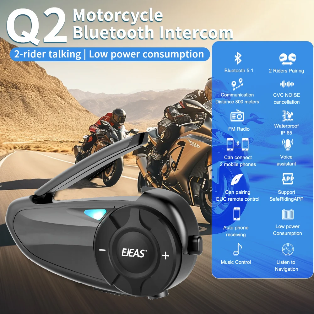 EJEAS-intercomunicador Q2 para casco de motocicleta, auricular inalámbrico con Bluetooth 5,1, par rápido, resistente al agua, hasta 2 conductores - imagen 5