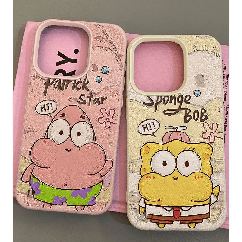 Lindo Bob Esponja Patricks Estrella Moda TPU Funda de teléfono de cuero de imitación para iPhone 16 Plus 15 14 13 12 11 Pro Max Absorción de golpes