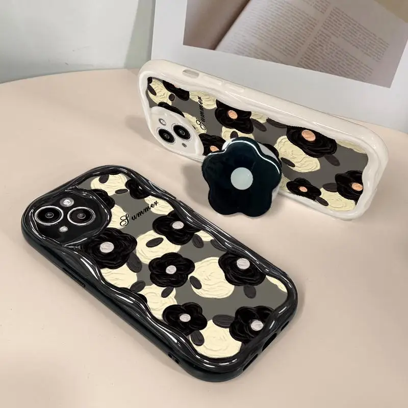 Funda para Xiaomi Redmi Note 13 Pro 5G 12 4G 8 11 10 12 13 Pro Plus 12S Redmi 12 13C 12C 9 10 A1 A2 A3 cubierta con soporte de flores negras - imagen 2