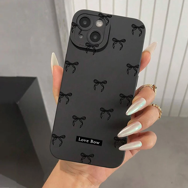 Funda de teléfono para iPhone 16E 16 15 14 Pro Max 11 12 13 Pro Max Mini 7 8 Plus XR X XS SE2 funda de silicona con estampado de lazo negro a prueba de golpes