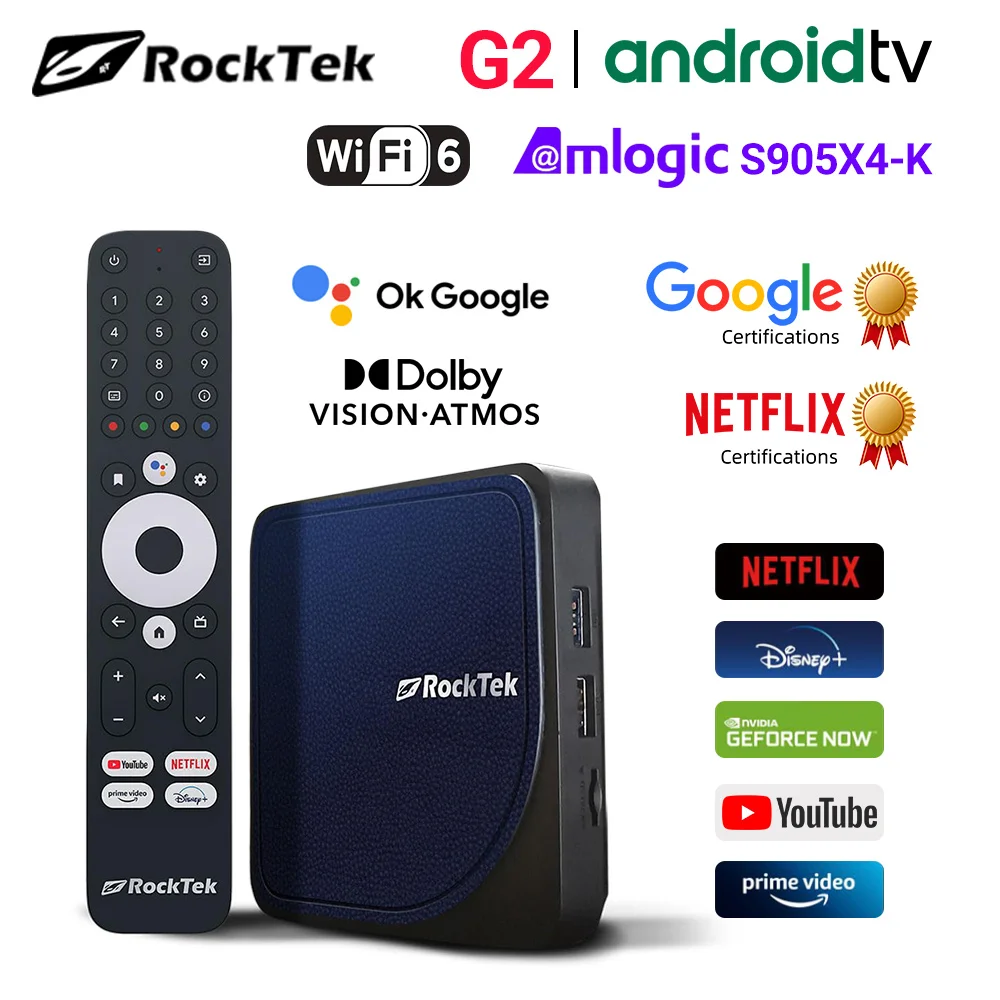 RockTek G2 4K Android TV 14 ATV Stream Box Netflix Google Certificado Amlogic S905X4-K Compatible con DTS Dolby Audio Dolby Vision - imagen 2