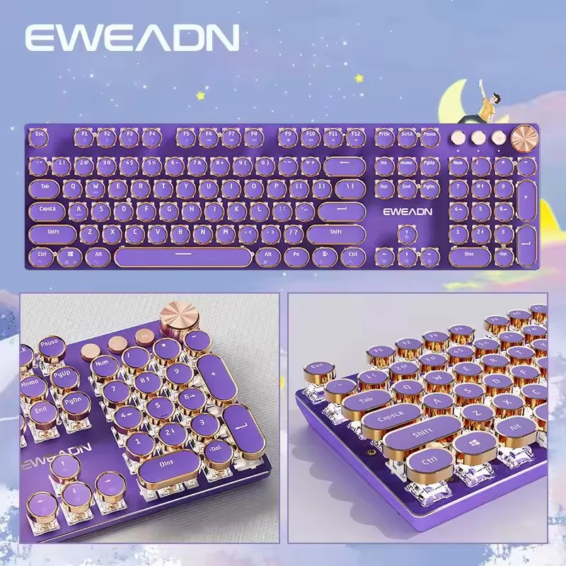 EWEADN-Teclado mecánico V20, máquina de escribir Retro Punk, inalámbrico, tres modelos, 104 teclas, teclas redondas, retroiluminado blanco, ordenador de oficina silencioso - imagen 2