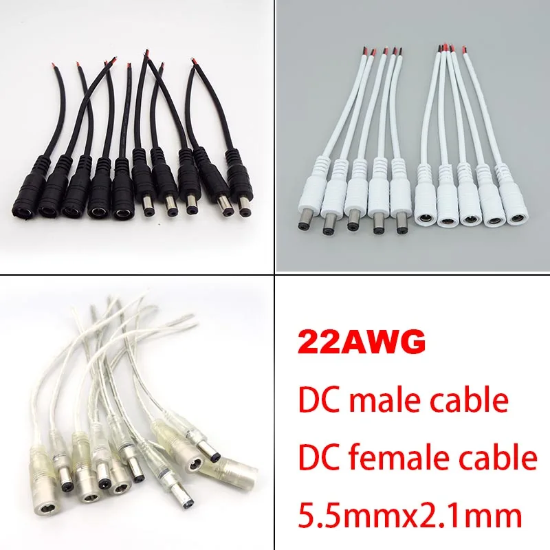 Cable de alimentación macho DC hembra, adaptador de conector de 5,5mm x 2,1mm, 2 pines, 22AWG, lote de 5 unidades