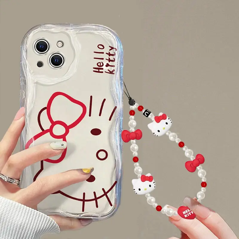Y2K 3D onda lazos rojos Hello Kitty cadena Linda Funda para Samsung Galaxy S24 FE S23 S25 Ultra A56 A16 A55 A35 A34 A54 Funda - imagen 3